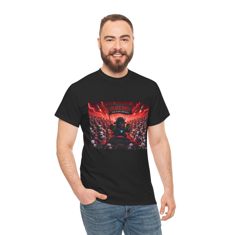 Black Sheep tee on model — black Gildan 5000 with the Black Sheep crowd print