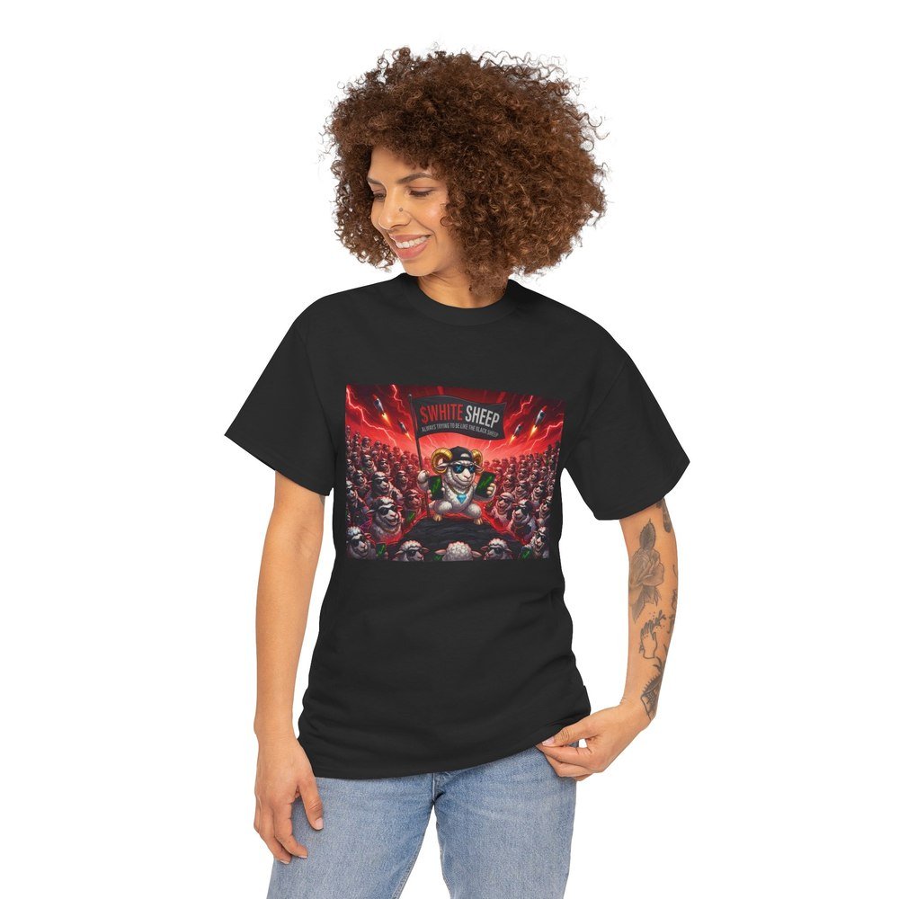 Sheep tee on model — black Gildan 5000 with the Sheep crowd print